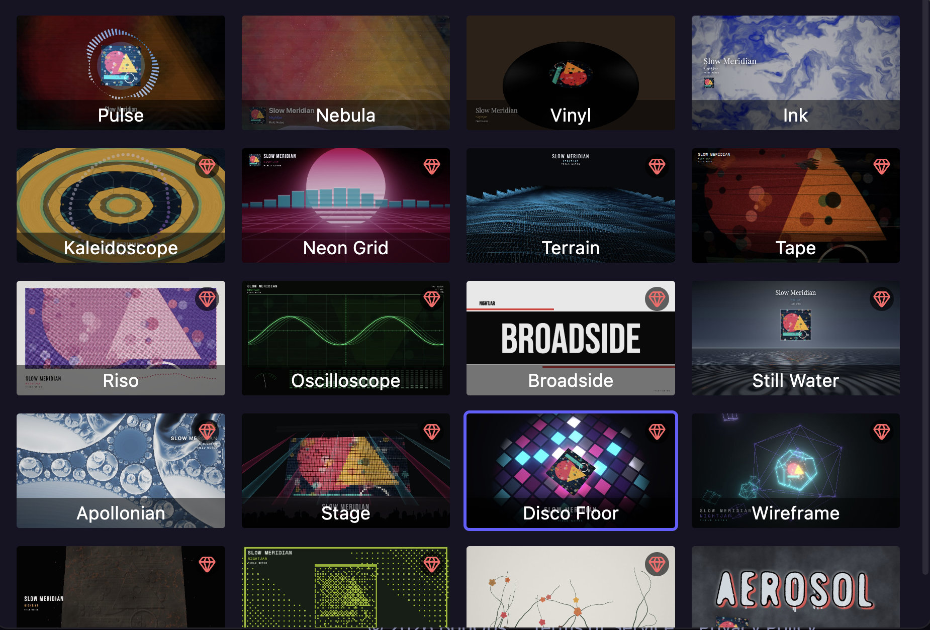 The theme picker showing twenty visualizer themes side by side — Pulse, Nebula, Vinyl, Ink, Kaleidoscope, Neon Grid, Terrain, Tape, Riso, Oscilloscope, Broadside, Still Water, Apollonian, Stage, Disco Floor, Wireframe and more
